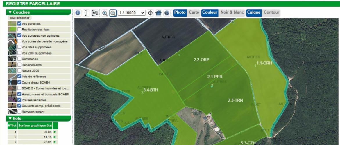 Lors de la télédéclaration, la Fdsea conseille de cocher les cases des couches ilots de référence, cours d’eau Bcae4, haies mares et bosquets Bcae8, prairies sensibles et couverts campagne précédente. Photo DR