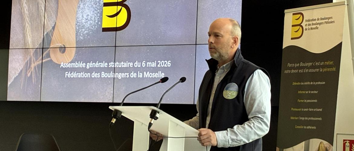 Hervé Auburtin, administrateur Agpb, a sensibilisé les boulangers de Moselle aux difficultés structurelles que traversent les agriculteurs, «Ce qui se joue actuellement pour notre pays, c’est l’avenir de filières clés de notre agriculture». Photo DR