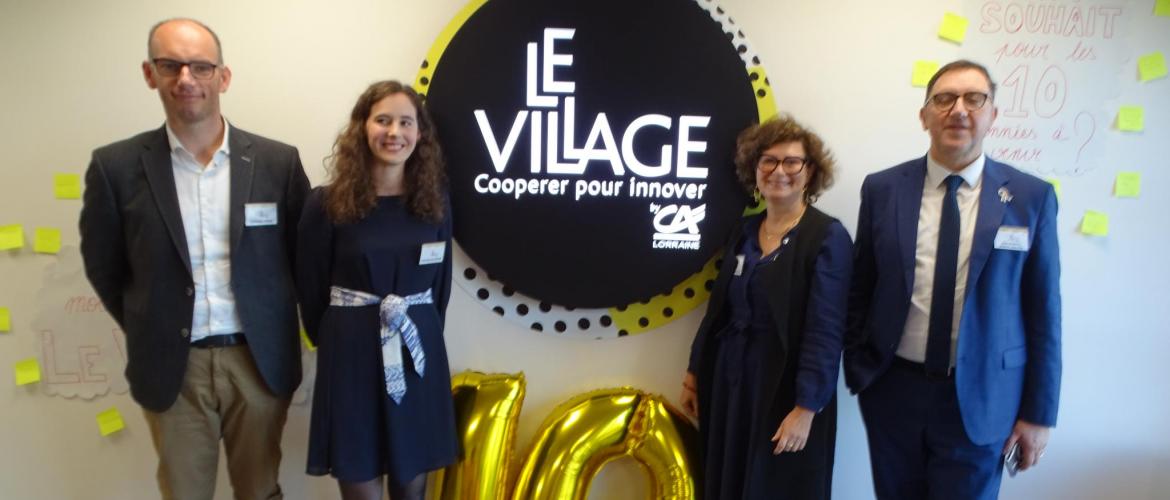 Thomas Perin, président du village by CA Lorraine ; Pauline Kullmann, « maire » du Village ;  Cécile Denoyelle, directrice entreprises, banque privée, transition et Jean-François Rinfray-Chalopin, DGA du CA de Lorraine. Photo : JL.Masson